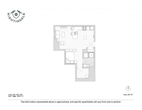 Floor plan for studio, 1 bath, 561 sqft
